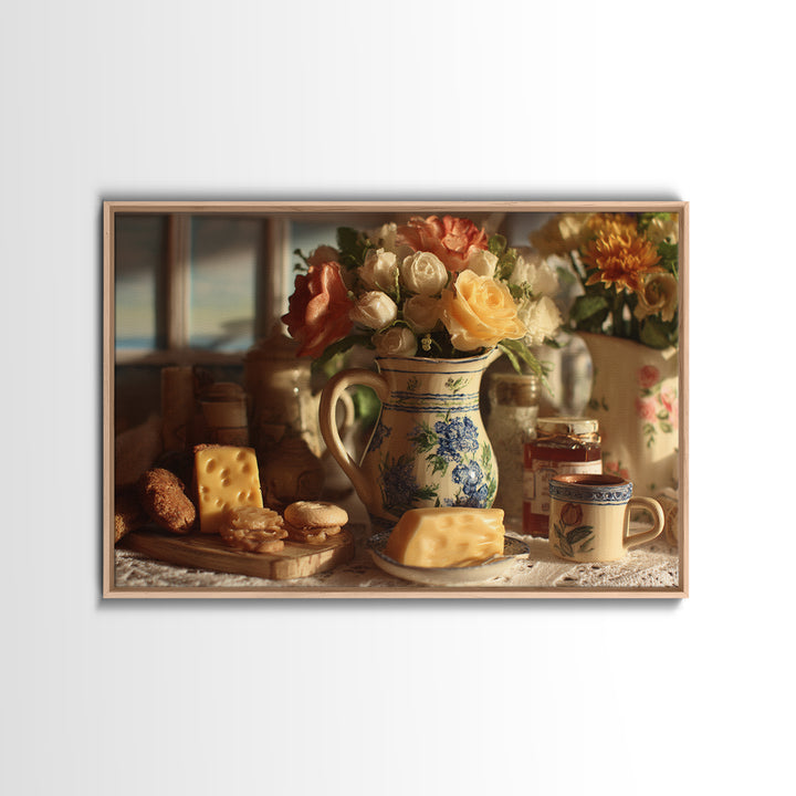 Floral Bouquet in a Kitchen Pitcher Framed Canvas Print, Kitchen Art, Art Deco, Kitchen Decor, Fine Art, Kitchen, Poster Art, KIT-3x2-28