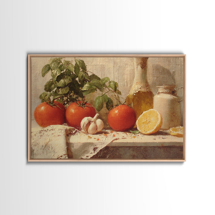 Tomatoes Garlic and Basil on Linen Framed Canvas Print, Kitchen Art, Trendy Wall Art, Kitchen Decor, Abstract Art, Kitchen, KIT-3x2-31