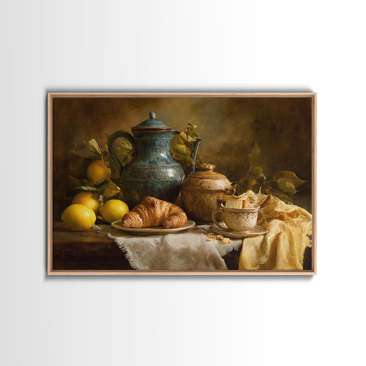 Coffee Pot and Croissant Morning Still Life Framed Canvas Print, Kitchen Art, Coffee Wall Art, Kitchen Decor, Fine Art, Kitchen, KIT-3x2-35