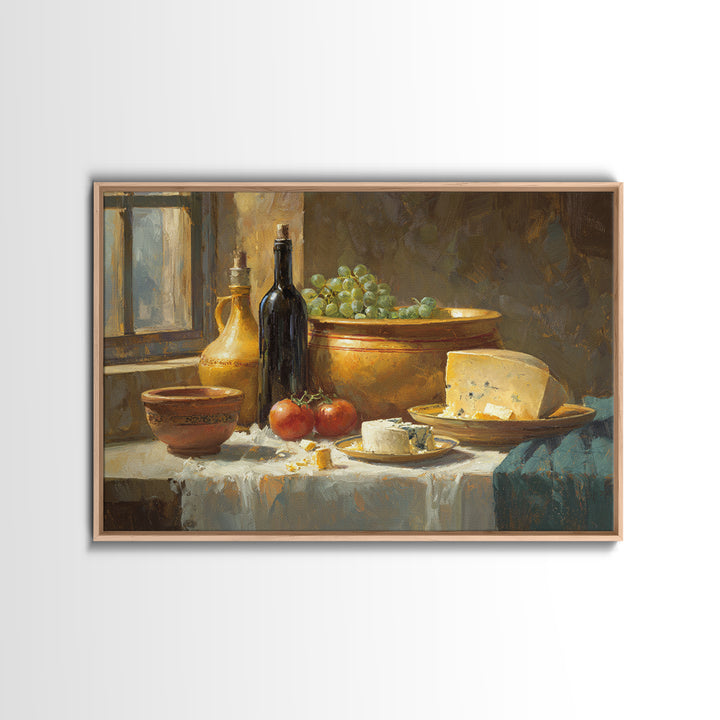 Wine Bottle Grapes and Cheese Still Life Framed Canvas Print, Kitchen Art, Modern Art, Kitchen Decor, Oil Painting, Kitchen, KIT-3x2-40
