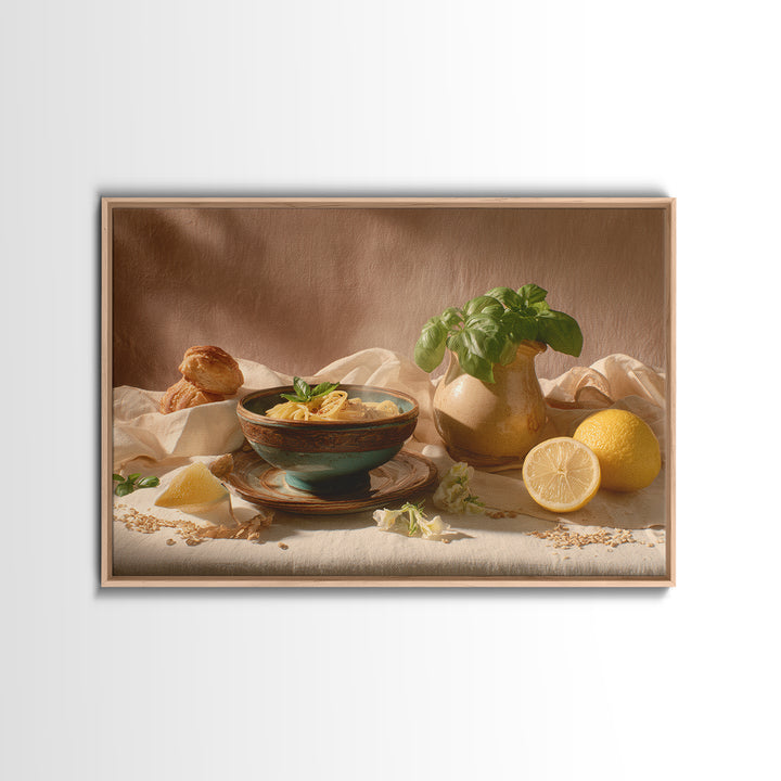 Pasta Lemons and Basil Mediterranean Still Life Framed Canvas Print, Kitchen Art, Poster Art, Kitchen Decor, Fine Art, Kitchen, KIT-3x2-45