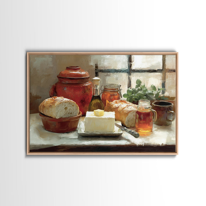 Fresh Bread with Butter and Honey Framed Canvas Print, Kitchen Art, Printable Art, Kitchen Decor, Kitchen, Coffee Wall Art, KIT-3x2-46