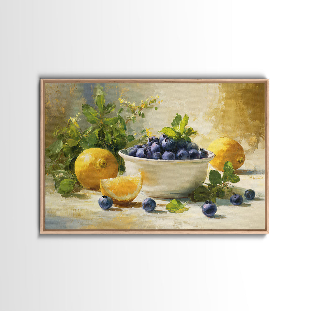 Blueberries in a White Bowl Framed Canvas Print, Kitchen Art, Room Decor, Kitchen Decor, Oil Painting, Kitchen, Digital Art, KIT-3x2-47