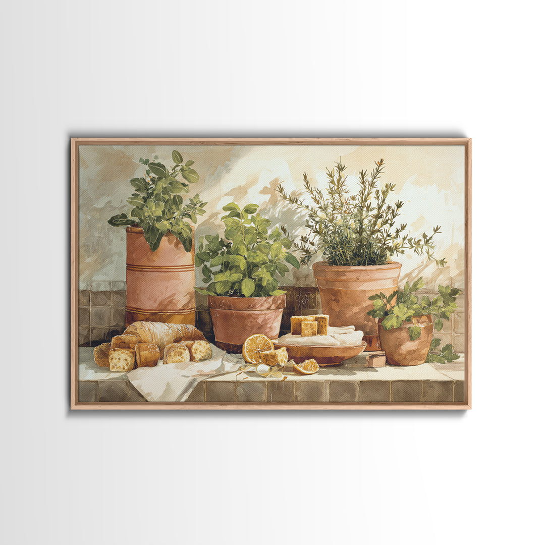 Fresh Herbs in Terracotta Pots Framed Canvas Print, Kitchen Art, Modern Art, Kitchen Decor, Fine Art, Kitchen, Neutral Decor, KIT-3x2-5