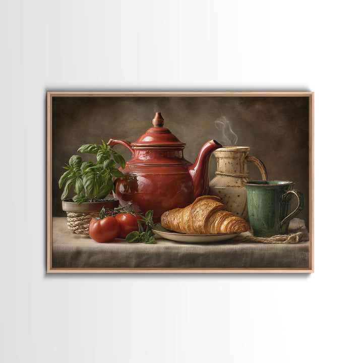 Coffee Pot and Croissant Morning Still Life Framed Canvas Print, Kitchen Art, Art Print, Kitchen Decor, Oil Painting, Kitchen, KIT-3x2-59