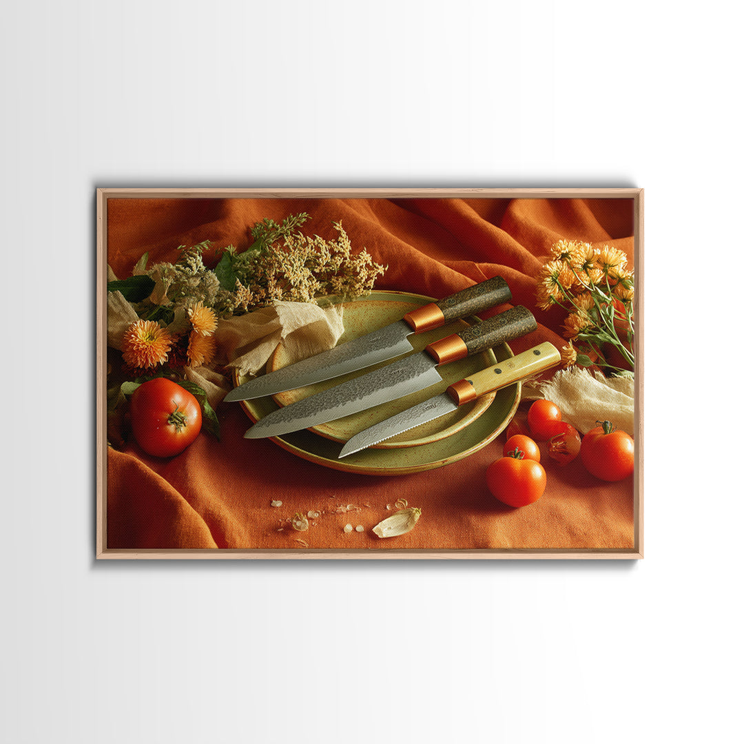 Chef Knives and Herbs Arranged as Graphic Canvas Print, Kitchen Art, Kitchen Wall Art, Kitchen Decor, Fine Art, Kitchen, KIT-3x2-62