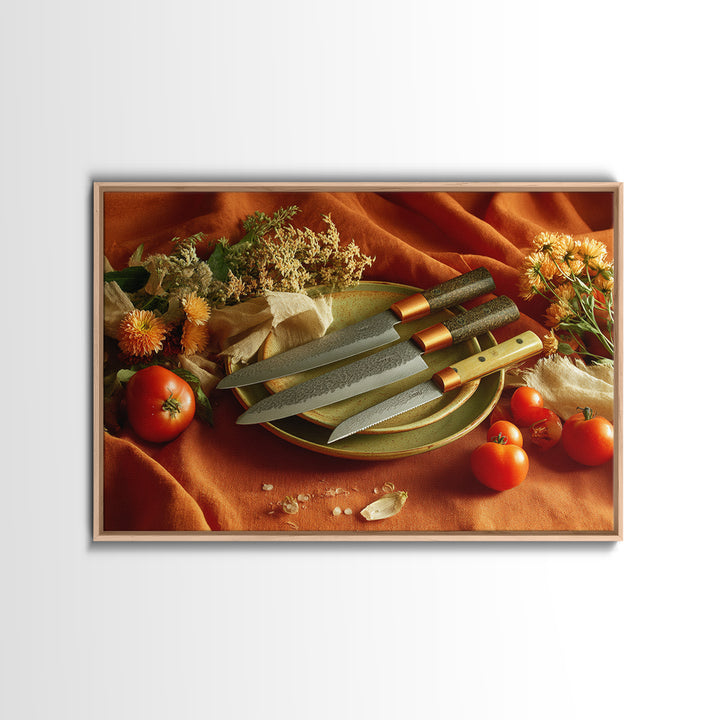 Chef Knives and Herbs Arranged as Graphic Canvas Print, Kitchen Art, Kitchen Wall Art, Kitchen Decor, Fine Art, Kitchen, KIT-3x2-62