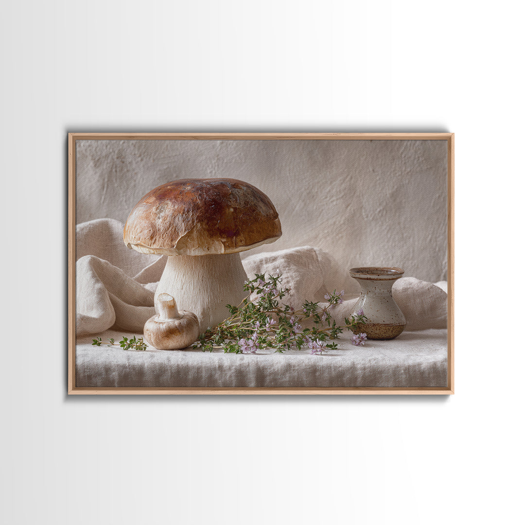 Mushrooms and Thyme Botanical Study Canvas Print, Kitchen Art, Textured Painting, Kitchen Decor, Watercolor Art, Kitchen, KIT-3x2-67