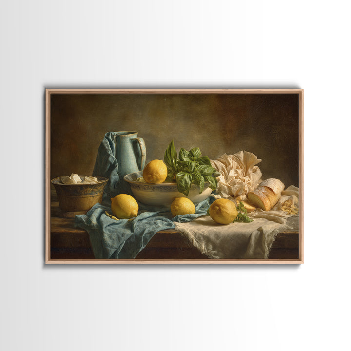 Pasta Lemons and Basil Mediterranean Still Life Framed Canvas Print, Kitchen Art, Poster Art, Kitchen Decor, Fine Art, Kitchen, KIT-3x2-69