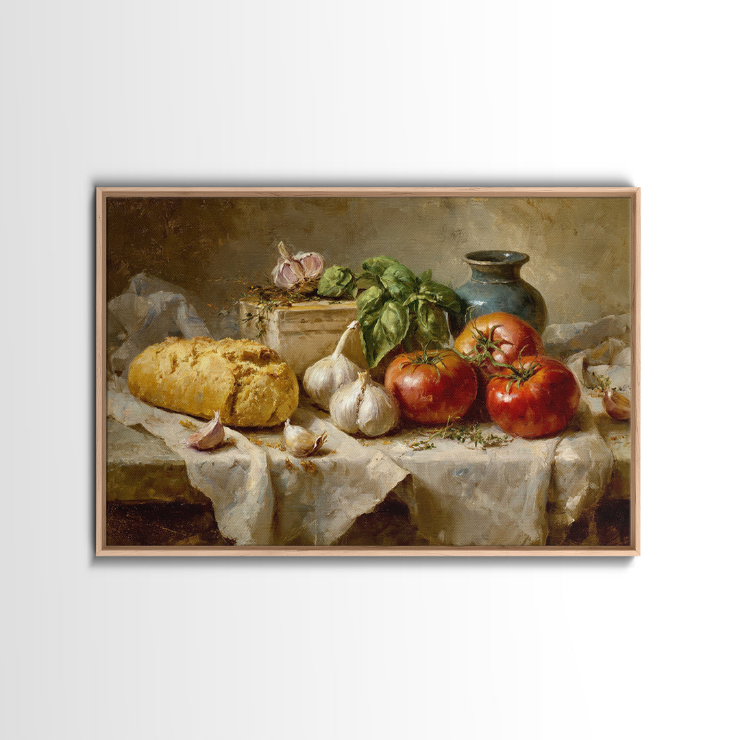 Tomatoes Garlic and Basil on Linen Framed Canvas Print, Kitchen Art, Home Decor, Kitchen Decor, Fine Art, Kitchen, KIT-3x2-7