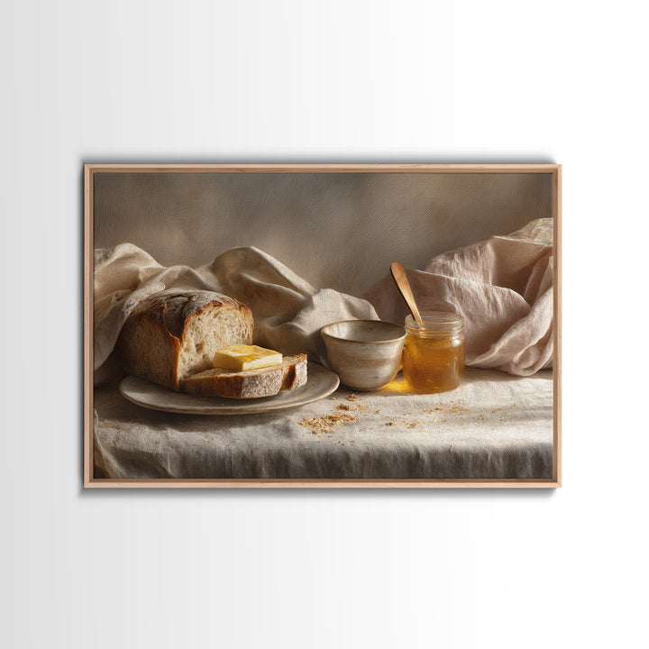 Fresh Bread with Butter and Honey Framed Canvas Print, Kitchen Art, Printable Art, Kitchen Decor, Kitchen, Coffee Wall Art, KIT-3x2-70