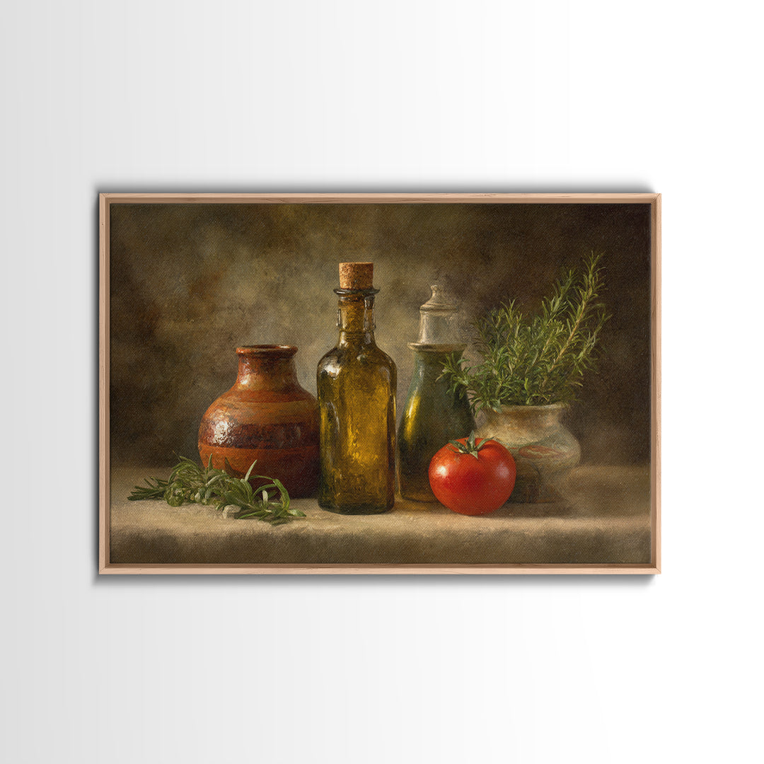 Olive Oil Bottle and Rosemary Branch Framed Canvas Print, Kitchen Art, Kitchen Print, Kitchen Decor, Watercolor Art, Kitchen, KIT-3x2-81