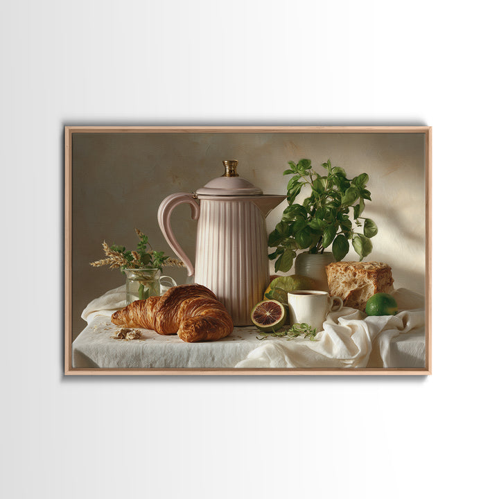 Coffee Pot and Croissant Morning Still Life Canvas Print, Kitchen Art, Wall Art, Kitchen Decor, Kitchen, Kitchen Wall Art, KIT-3x2-83