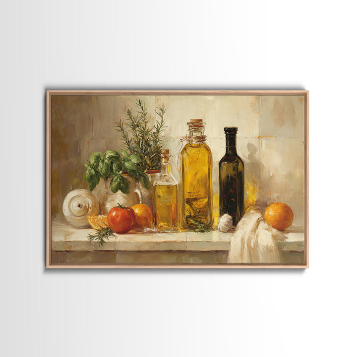 Olive Oil Bottle and Rosemary Branch Framed Canvas Print, Kitchen Art, Printable Art, Kitchen Decor, Oil Painting, Kitchen, KIT-3x2-9
