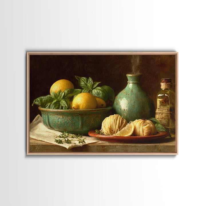 Pasta Lemons and Basil Mediterranean Still Life Canvas Print, Kitchen Art, Kitchen Art Print, Kitchen Decor, Fine Art, Kitchen, KIT-3x2-93