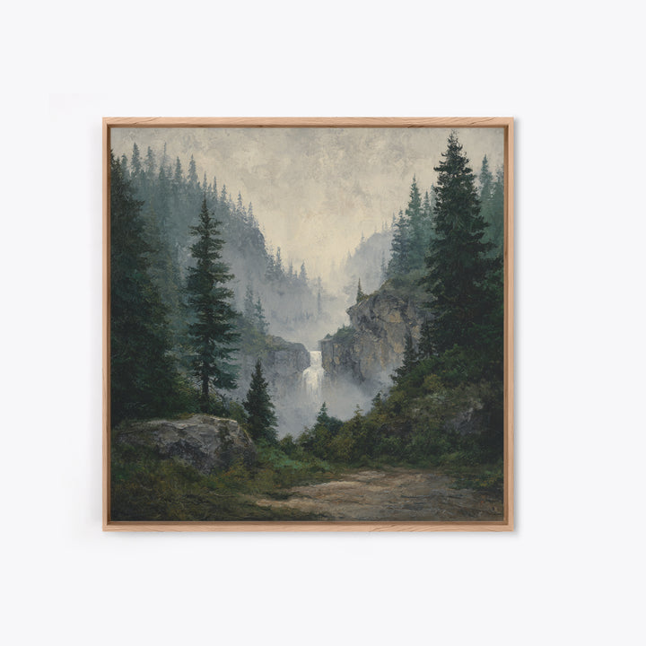 Waterfall Hidden in Dense Forest Framed Canvas Print, Landscape Art, Decor, Living Room Decor, Oil Painting, Horizon, LAN-1x1-12