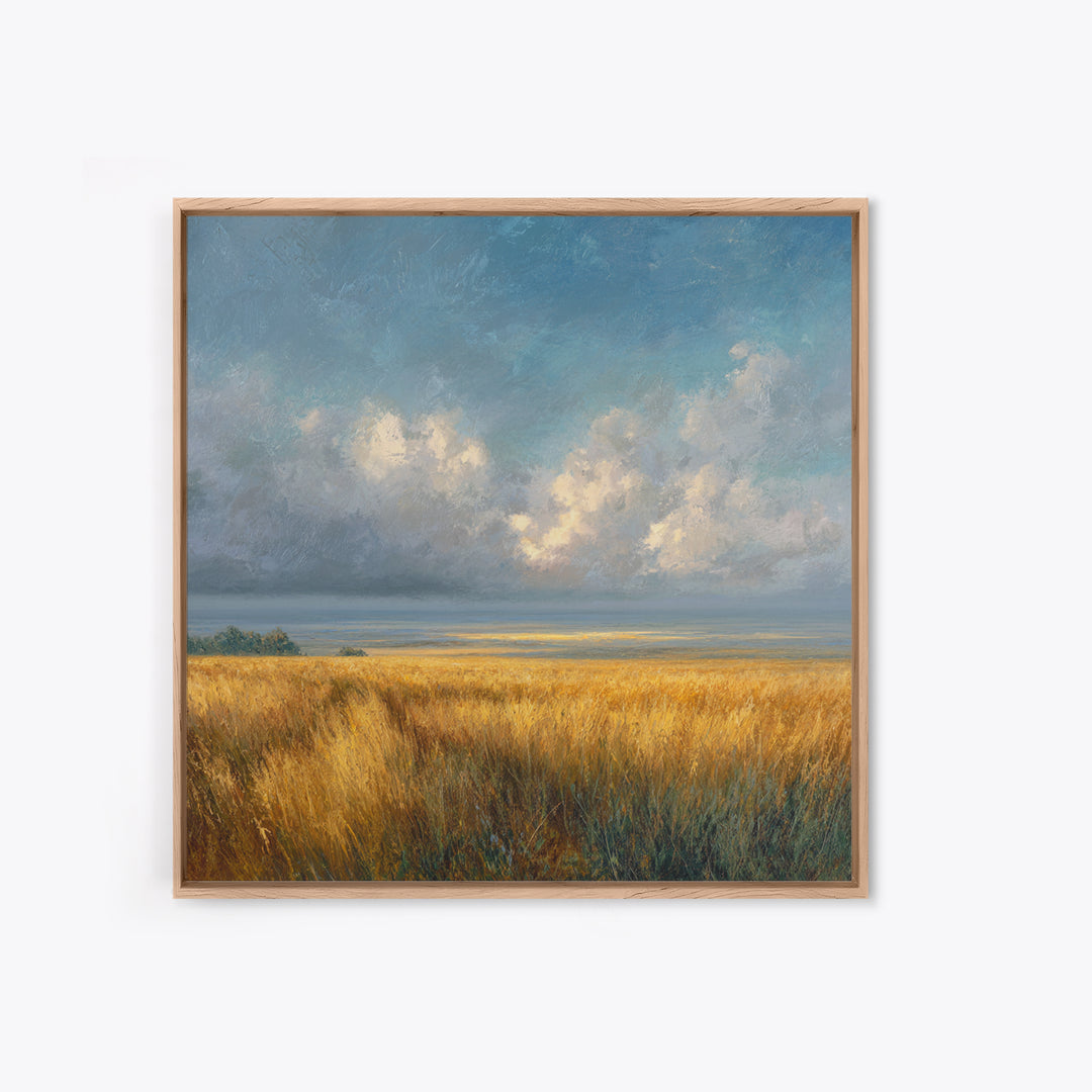 Golden Wheat Field Beneath Huge Clouds Framed Canvas Print, Landscape Art, Wall Art Print, Living Room Decor, Fine Art, Horizon, LAN-1x1-24