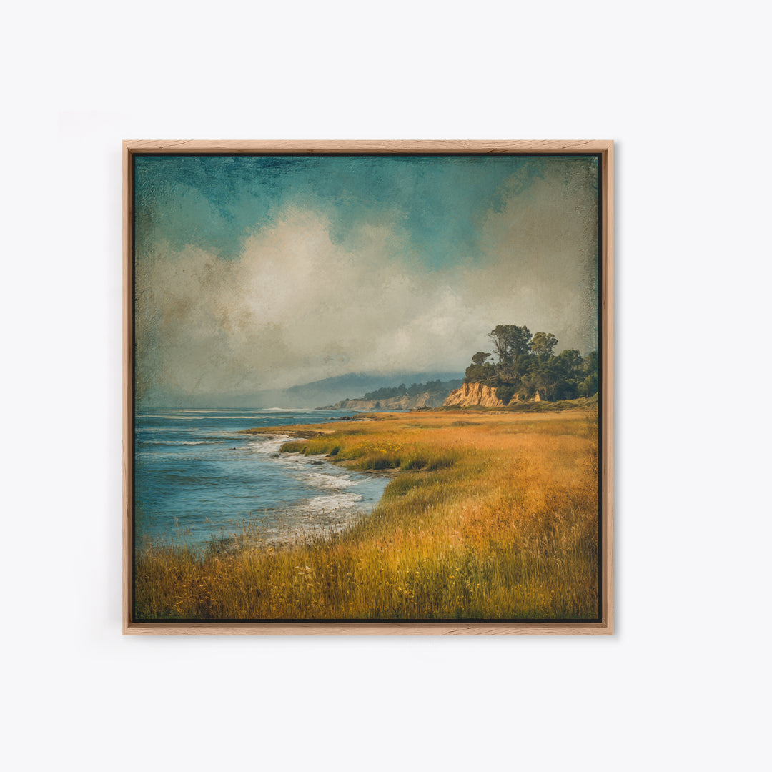 Coastal Cliffs with Crashing Waves Framed Canvas Print, Landscape Art, Gallery Decor, Living Room Decor, Fine Art, Horizon, LAN-1x1-32