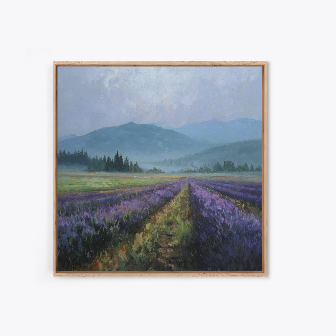 Lavender Field Leading to Distant Hills Framed Canvas Print, Landscape Art, Modern Art, Living Room Decor, Watercolor Art, LAN-1x1-34