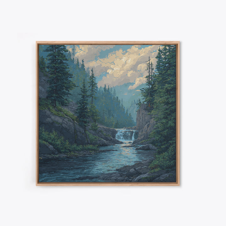 Waterfall Hidden in Dense Forest Canvas Print, Landscape Art, Original Painting, Living Room Decor, Fine Art, Horizon, LAN-1x1-36