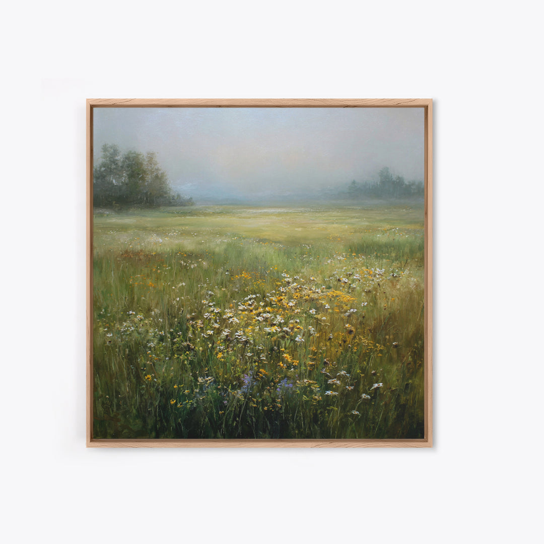 Sunlit Meadow with Wildflowers Framed Canvas Print, Landscape Art, Boho Decor, Living Room Decor, Fine Art, Horizon, Art Prints, LAN-1x1-37