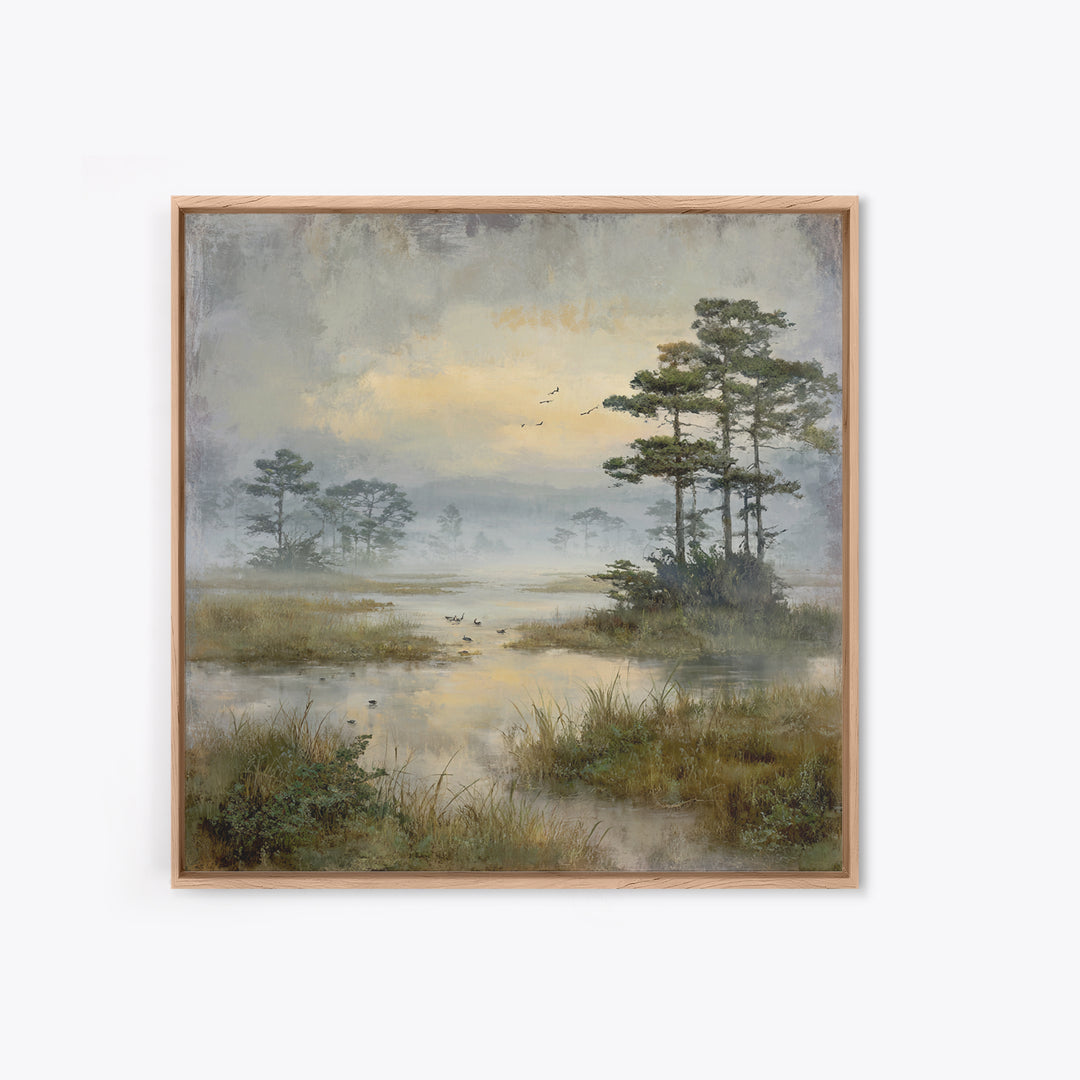 Misty Cypress Swamp Framed Canvas Print, Landscape Art, Living Room Wall Art, Living Room Decor, Oil Painting, Horizon, LAN-1x1-46