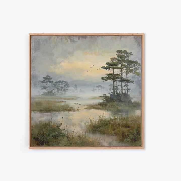 Misty Cypress Swamp Framed Canvas Print, Landscape Art, Living Room Wall Art, Living Room Decor, Oil Painting, Horizon, LAN-1x1-46