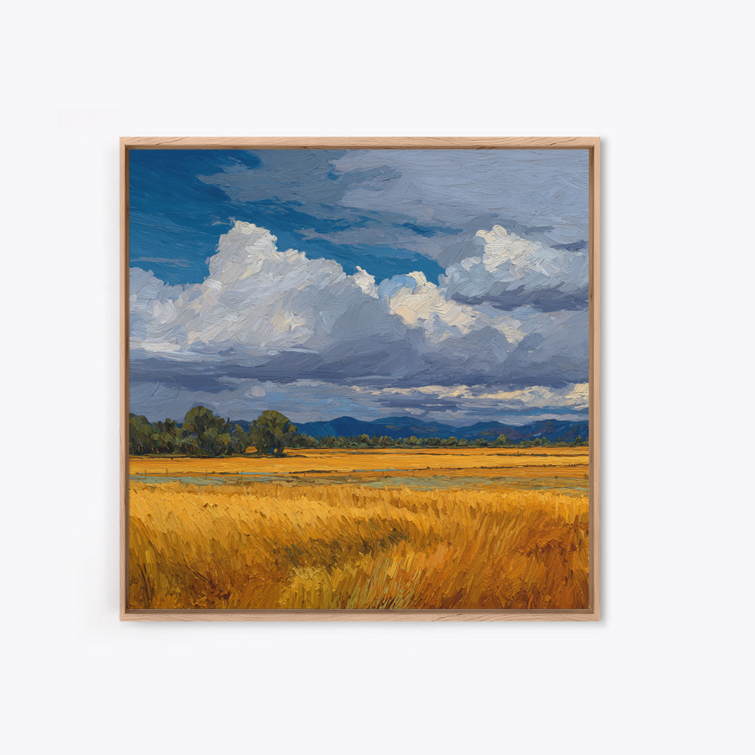 Golden Wheat Field Beneath Huge Clouds Framed Canvas Print, Landscape Art, Decor, Living Room Decor, Oil Painting, Horizon, LAN-1x1-48
