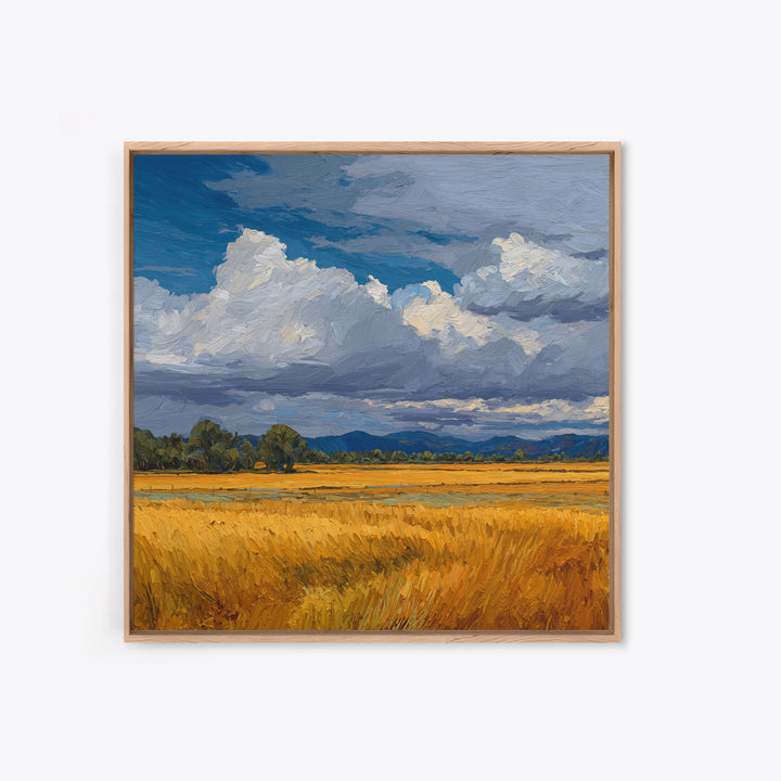 Golden Wheat Field Beneath Huge Clouds Framed Canvas Print, Landscape Art, Decor, Living Room Decor, Oil Painting, Horizon, LAN-1x1-48