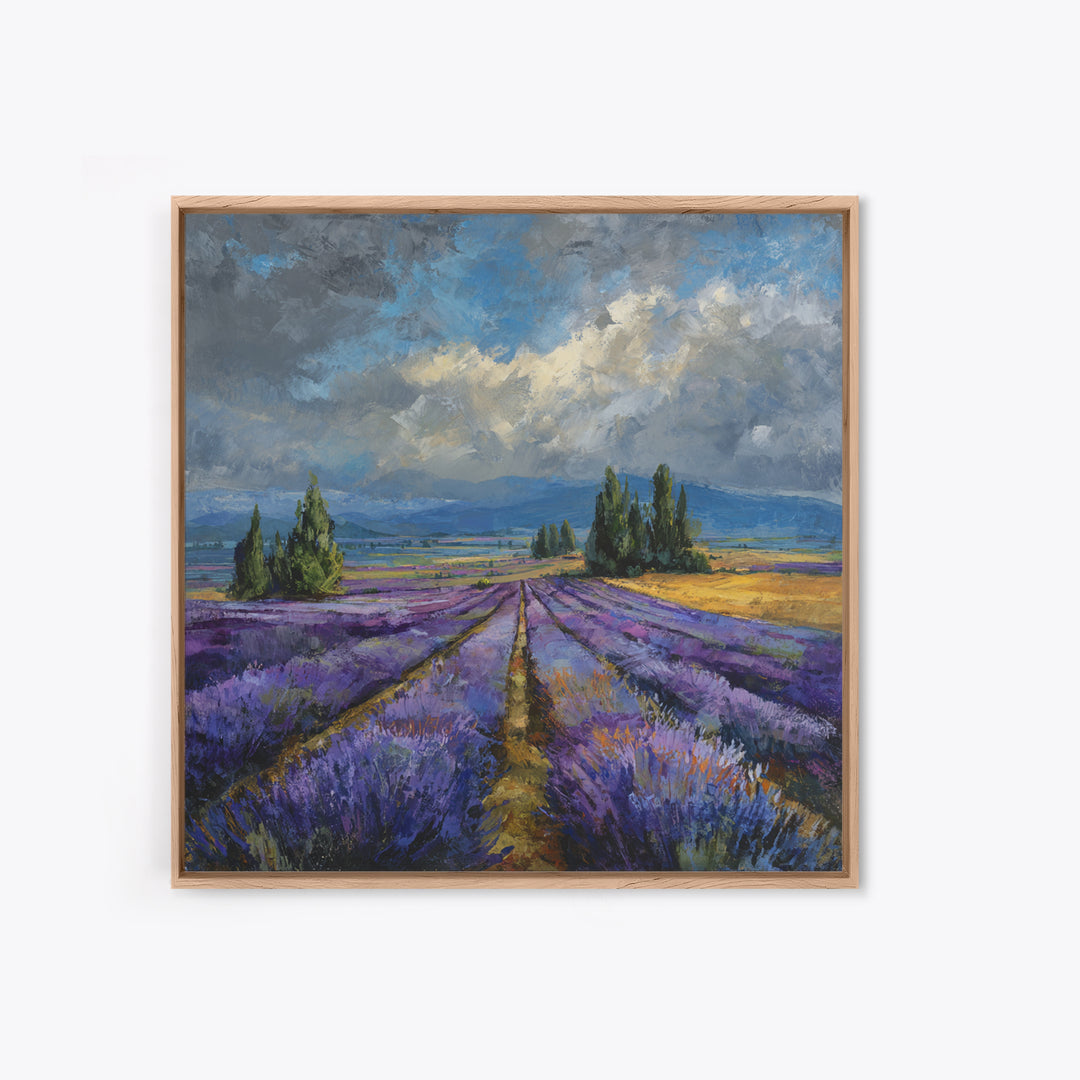 Lavender Field Leading to Distant Hills Framed Canvas Print, Landscape Art, Modern Art, Living Room Decor, Watercolor Art, LAN-1x1-58