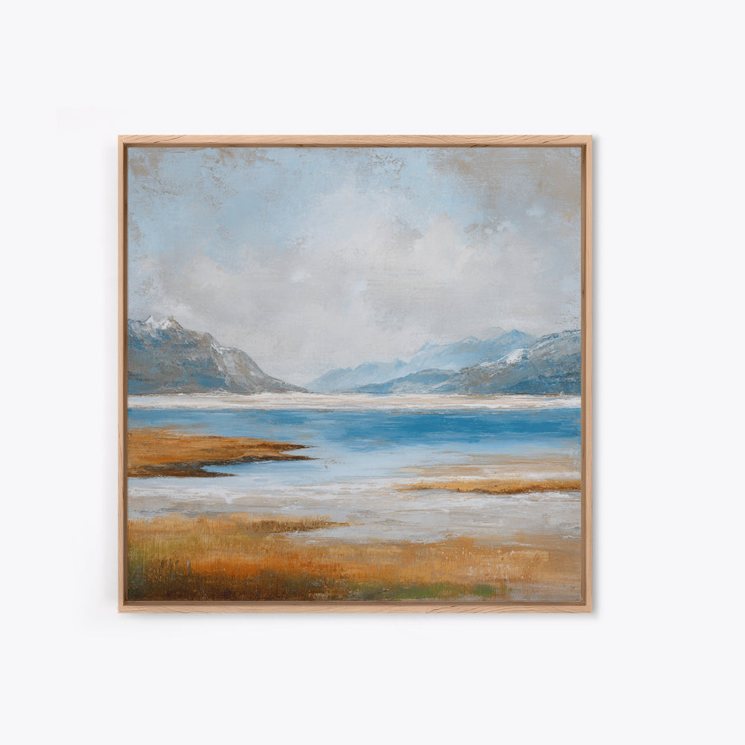 Fjord Landscape with Icy Blue Water Framed Canvas Print, Landscape Art, Neutral Decor, Living Room Decor, Oil Painting, Horizon, LAN-1x1-63