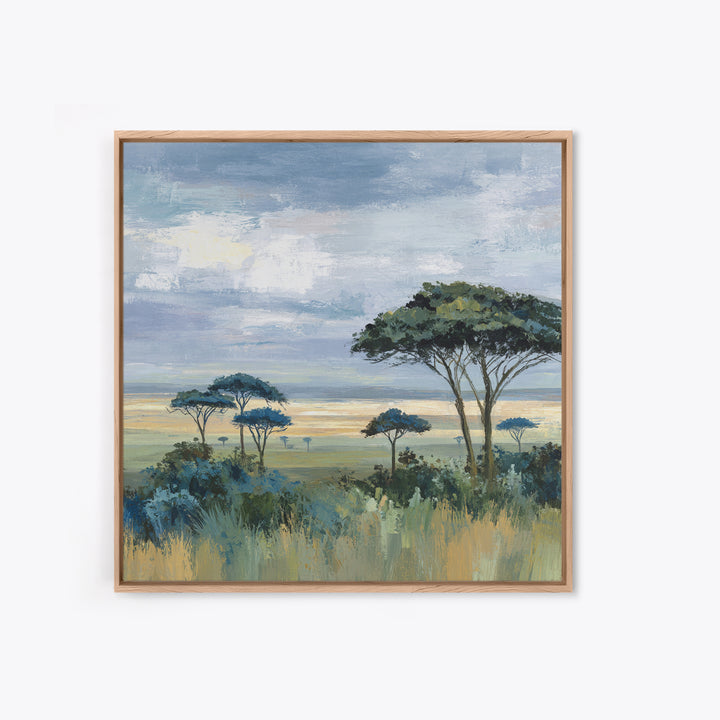 Wide Savanna with Acacia Silhouette Framed Canvas Print, Landscape Art, Modern Decor, Living Room Decor, Fine Art, Horizon, LAN-1x1-67