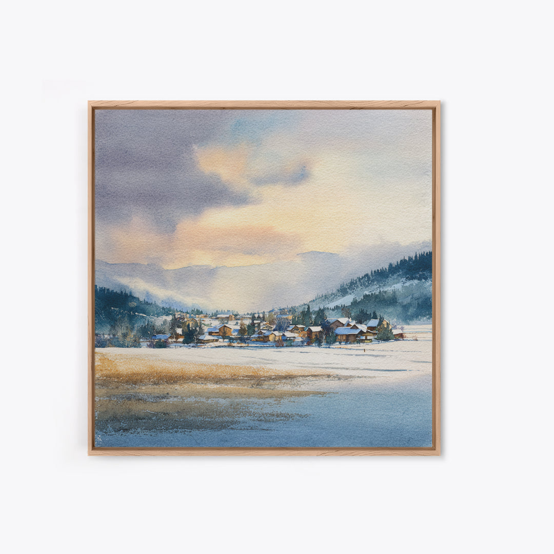 Snow Covered Alpine Village at Dusk Framed Canvas Print, Landscape Art, Framed Wall Art, Living Room Decor, Oil Painting, LAN-1x1-7