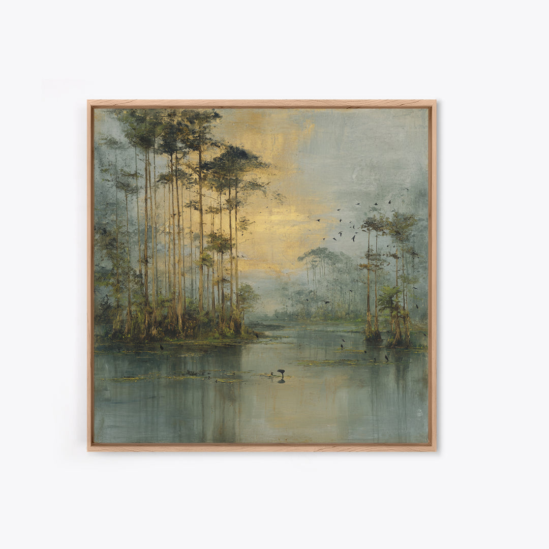 Misty Cypress Swamp Framed Canvas Print, Landscape Art, Living Room Wall Art, Living Room Decor, Oil Painting, Horizon, LAN-1x1-70