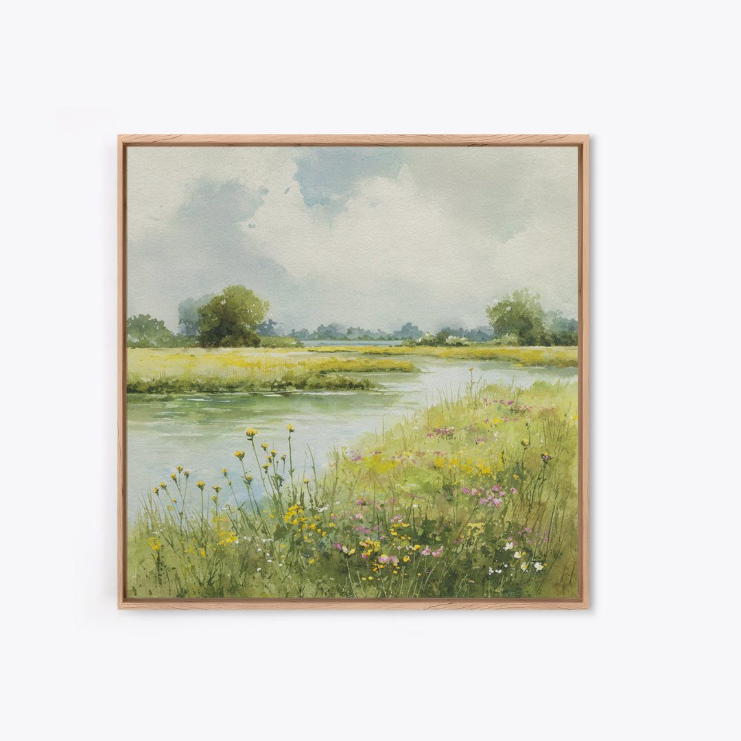 Sunlit Meadow with Wildflowers Canvas Print, Landscape Art, Minimalist Decor, Living Room Decor, Oil Painting, Horizon, LAN-1x1-85