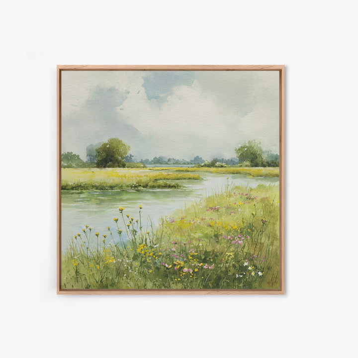 Sunlit Meadow with Wildflowers Canvas Print, Landscape Art, Minimalist Decor, Living Room Decor, Oil Painting, Horizon, LAN-1x1-85