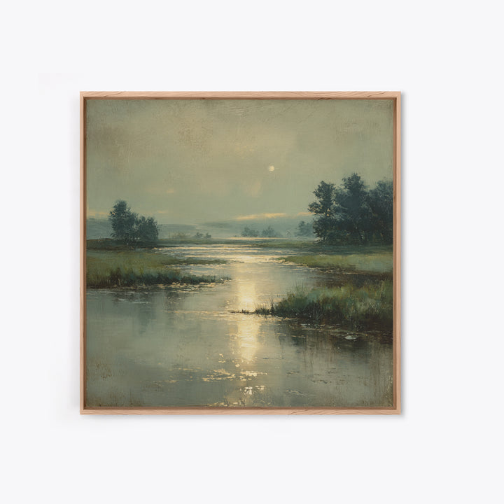 Moonlit River with Silver Reflections Framed Canvas Print, Landscape Art, Wall Art, Living Room Decor, Fine Art, Horizon, LAN-1x1-93