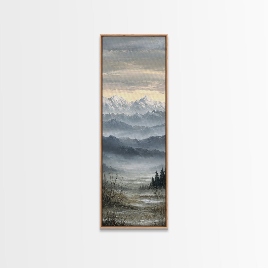 Snow Covered Alpine Village at Dusk Framed Canvas Print, Landscape Art, Framed Wall Art, Living Room Decor, Oil Painting, LAN-1x3-19