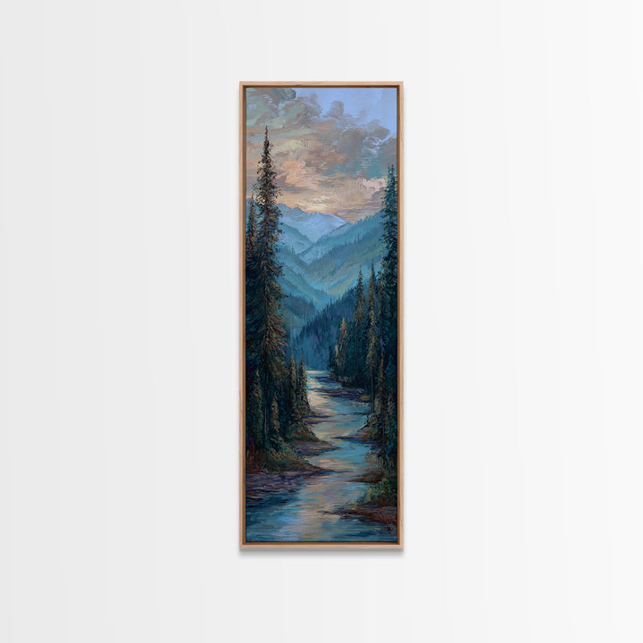Waterfall Hidden in Dense Forest Framed Canvas Print, Landscape Art, Decor, Living Room Decor, Oil Painting, Horizon, LAN-1x3-24