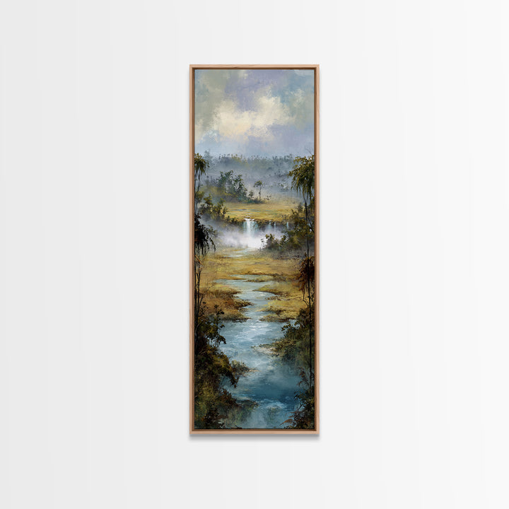 Tropical Jungle Waterfall Framed Canvas Print, Landscape Art, Minimalist Decor, Living Room Decor, Oil Painting, Horizon, LAN-1x3-4