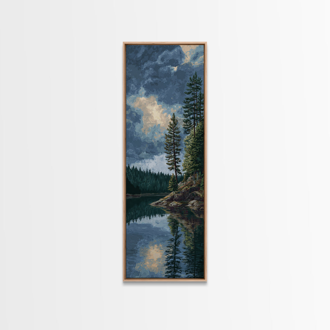 Quiet Lake Reflecting Pine Forest Canvas Print, Landscape Art, Framed Wall Art, Living Room Decor, Oil Painting, Horizon, LAN-1x3-40