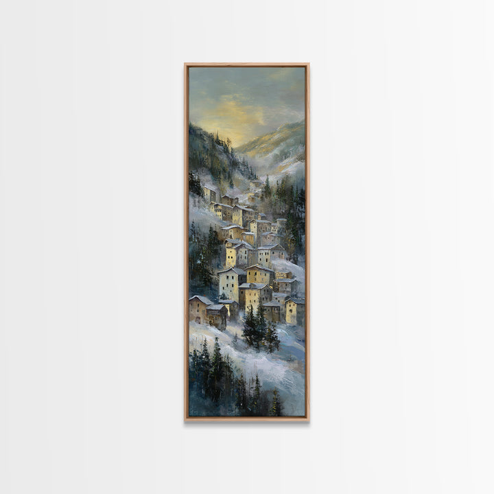 Snow Covered Alpine Village at Dusk Canvas Print, Landscape Art, Abstract Wall Art, Living Room Decor, Fine Art, Horizon, LAN-1x3-43