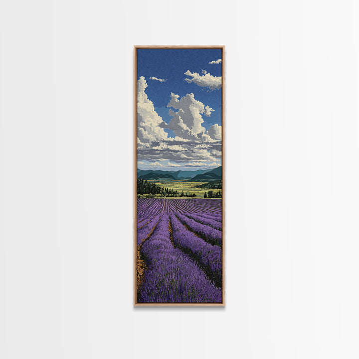Lavender Field Leading to Distant Hills Framed Canvas Print, Landscape Art, Modern Decor, Living Room Decor, Fine Art, Horizon, LAN-1x3-46