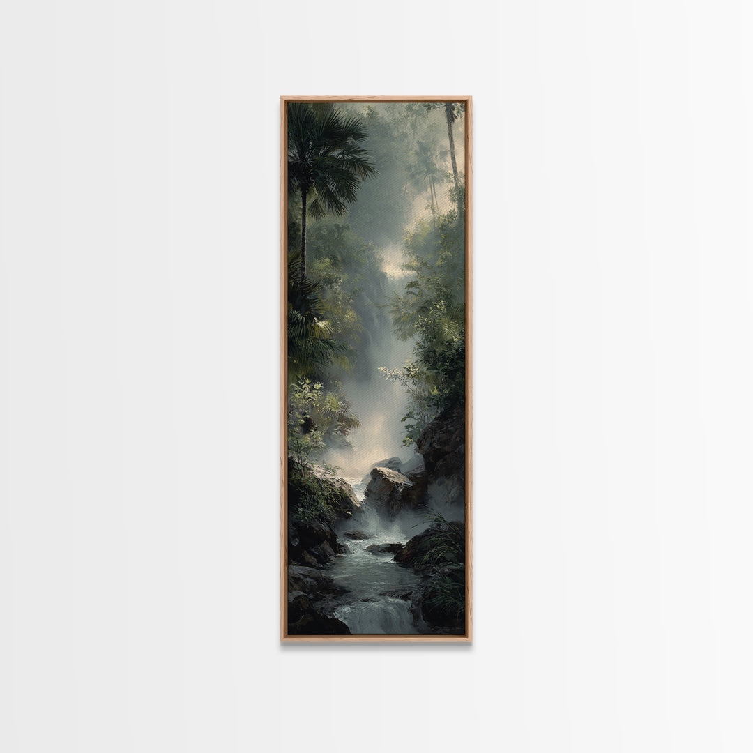 Tropical Jungle Waterfall Framed Canvas Print, Landscape Art, Digital Wall Art, Living Room Decor, Fine Art, Horizon, LAN-1x3-52