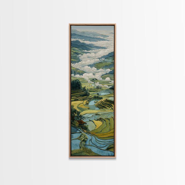 Rice Terraces Glowing Framed Canvas Print, Landscape Art, Floral Wall Art, Living Room Decor, Horizon, Minimalist Decor, LAN-1x3-54