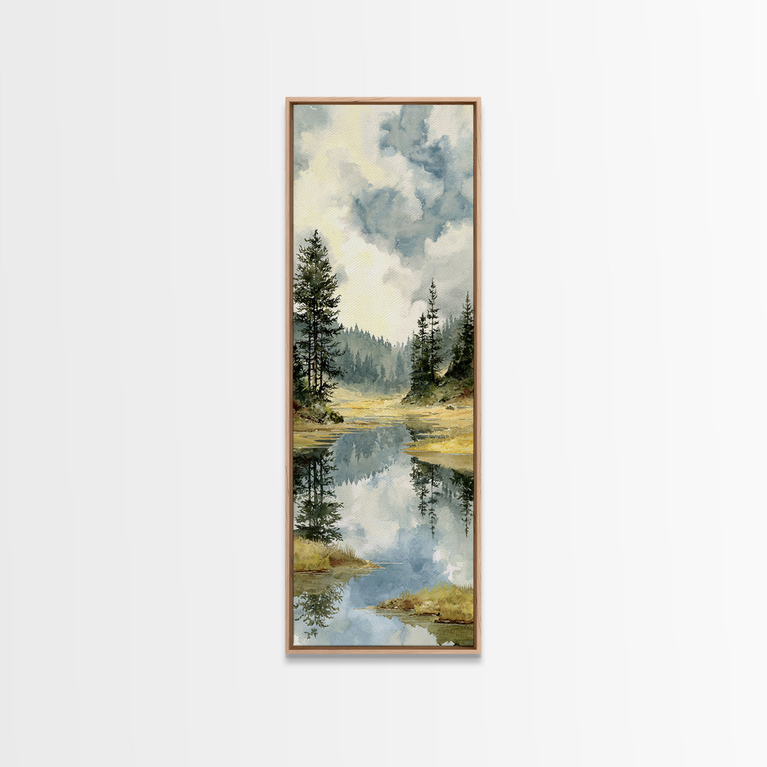 Quiet Lake Reflecting Pine Forest Framed Canvas Print, Landscape Art, Abstract Wall Art, Living Room Decor, Fine Art, Horizon, LAN-1x3-64