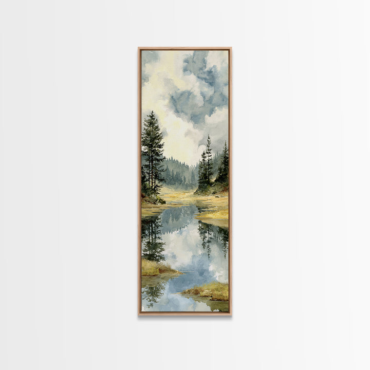Quiet Lake Reflecting Pine Forest Framed Canvas Print, Landscape Art, Abstract Wall Art, Living Room Decor, Fine Art, Horizon, LAN-1x3-64