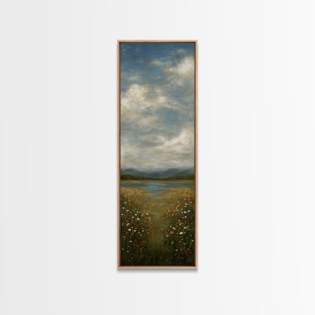 Sunlit Meadow with Wildflowers Canvas Print, Landscape Art, Framed Wall Art, Living Room Decor, Oil Painting, Horizon, LAN-1x3-73