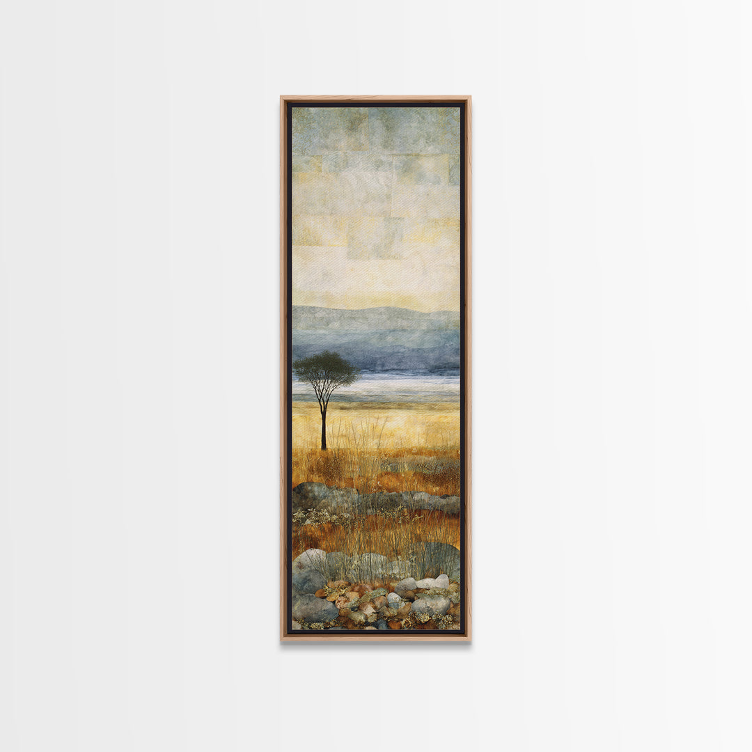Wide Savanna with Acacia Silhouette Framed Canvas Print, Landscape Art, Living Room Wall Art, Living Room Decor, Oil Painting, LAN-1x3-79