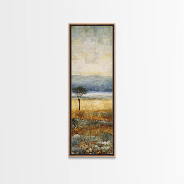 Wide Savanna with Acacia Silhouette Framed Canvas Print, Landscape Art, Living Room Wall Art, Living Room Decor, Oil Painting, LAN-1x3-79